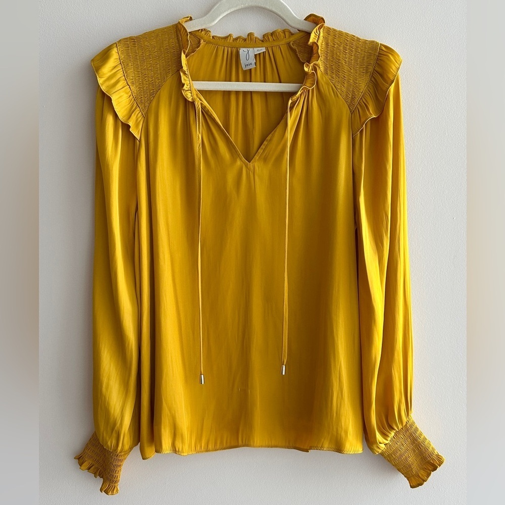 Joie Women’s Satin Ruffle Peasant Long Sleeve Blouse, Golden Yellow, Size Medium